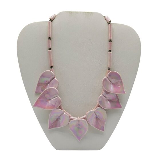 Vintage Pink Iridescent Painted Porcelain Leaf Necklace With Barrel Clasp - Picture 1 of 7